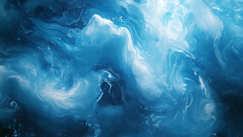 Abstract swirling blue and white liquid texture artwork.