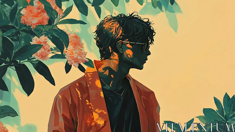 Silhouetted man in stylized garden scene with warm lighting