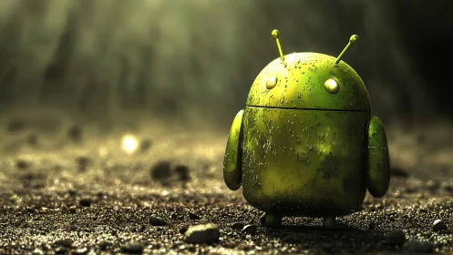 Weathered green robot mascot on sunlit ground.