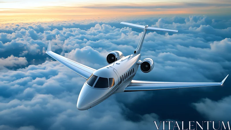 Low wing twin jet business aircraft cruising above clouds at dusk