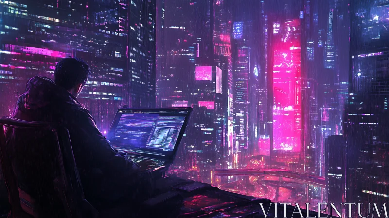 Solitary hacker monitors neon cyberpunk megacity data streams
