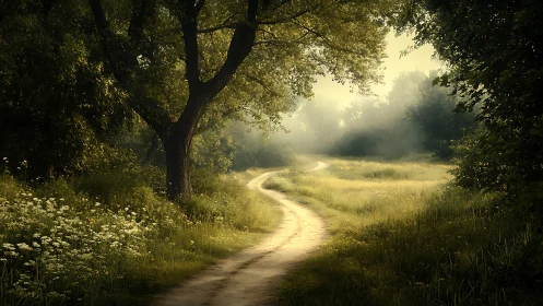 Sunlit winding woodland lane breathing quiet morning calm.