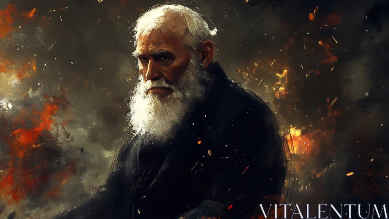 Elderly bearded man amid fiery abstract darkness portrait.