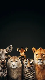 Portrait lineup of safari animals on dramatic black backdrop.