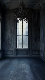 Dusty chandelier broods above a moonlit, forgotten parlor.