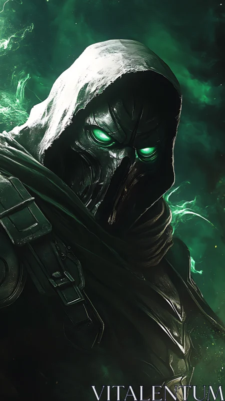 Hooded cyber specter glares with vivid toxic green eyes
