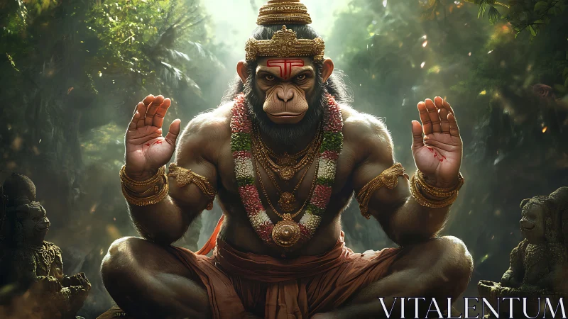 Radiant monkey deity sits in tranquil forest blessing viewers