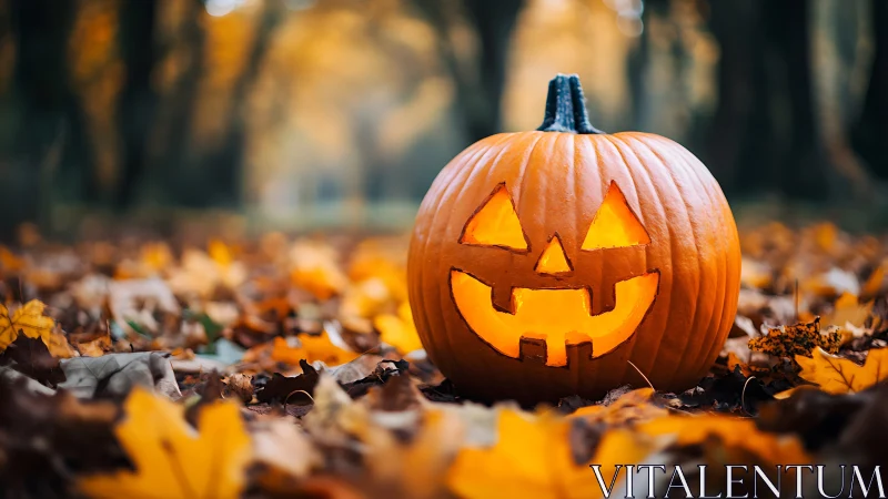 Carved jack-o-lantern on leaf-covered forest pathway.