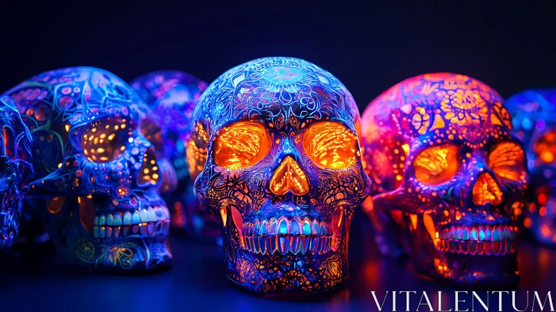 Glowing neon sugar skulls with intricate floral patterns.