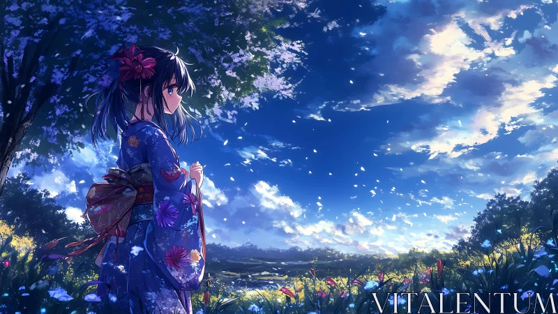 Kimono girl quietly rehearses wishes beneath a petal sky