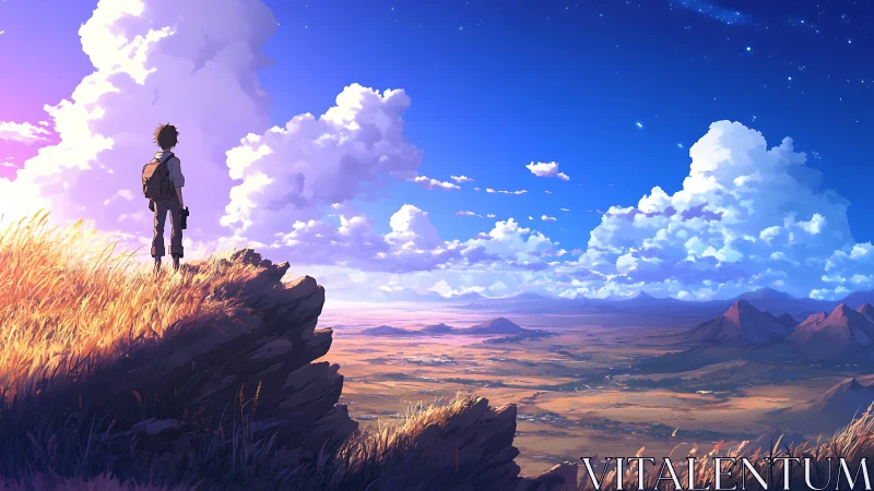 Quiet hilltop wanderer greeting an endless painted sky.