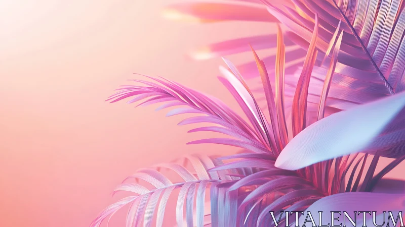 Neon pink palm leaves glow softly in a dreamy sunset haze