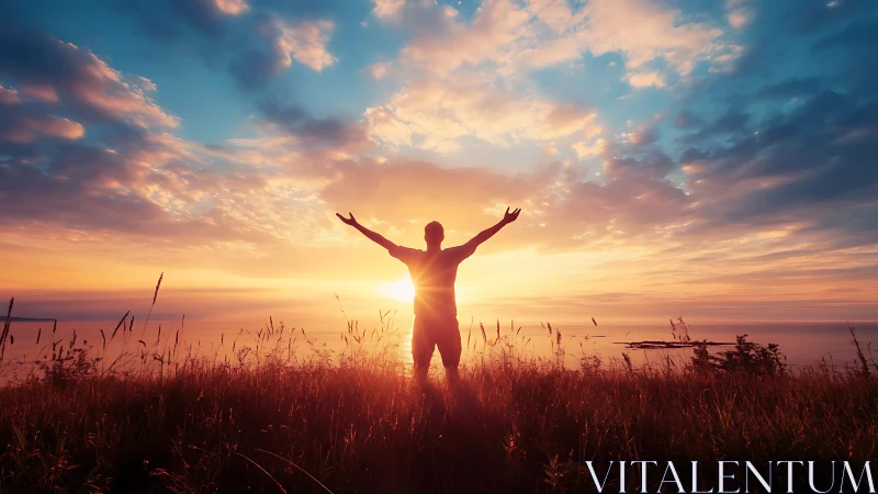 Silhouette person welcomes sunrise over calm coastal horizon.