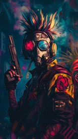 Neon mask rebel in a smoky cyberpunk backstreet vigil.