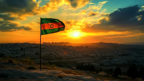 Vibrant tricolor flag over hillside city at dramatic sunset.