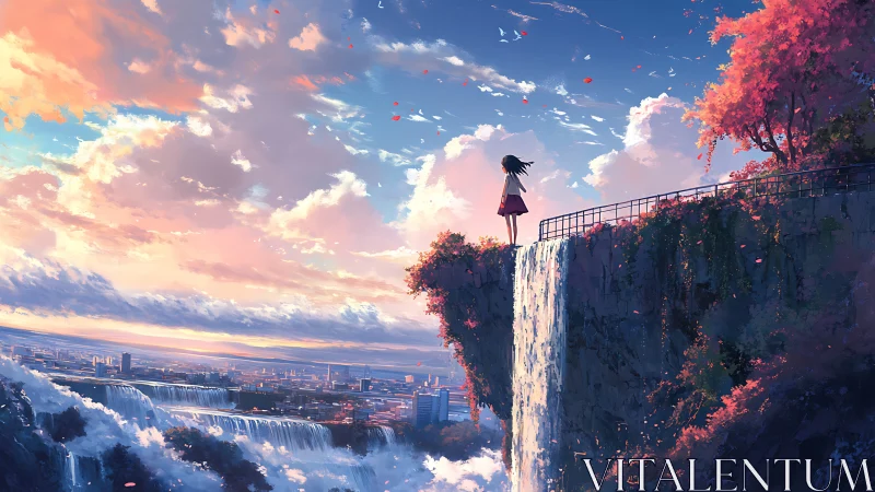 Anime cliffside panorama with cascading urban waterfalls.