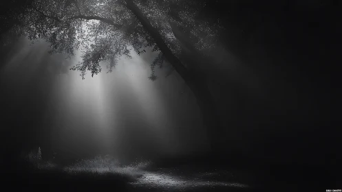 Volumetric light beams through dense canopy in misty forest