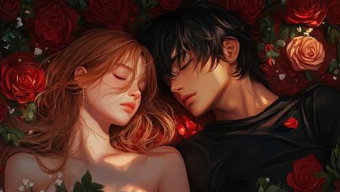 Intimate Portrait: Two Figures Amid Roses with Warm Luminescence.