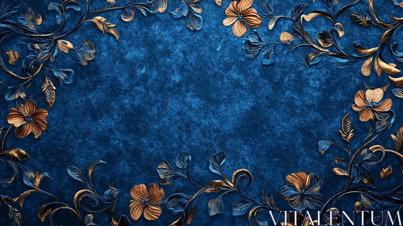 Blue relief background with gold-embossed floral botanical motifs.