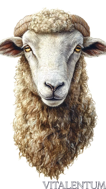 Photorealistic ram portrait with detailed wool texture rendering.