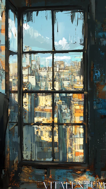 Sunlit city skyline glimpsed through a timeworn window.