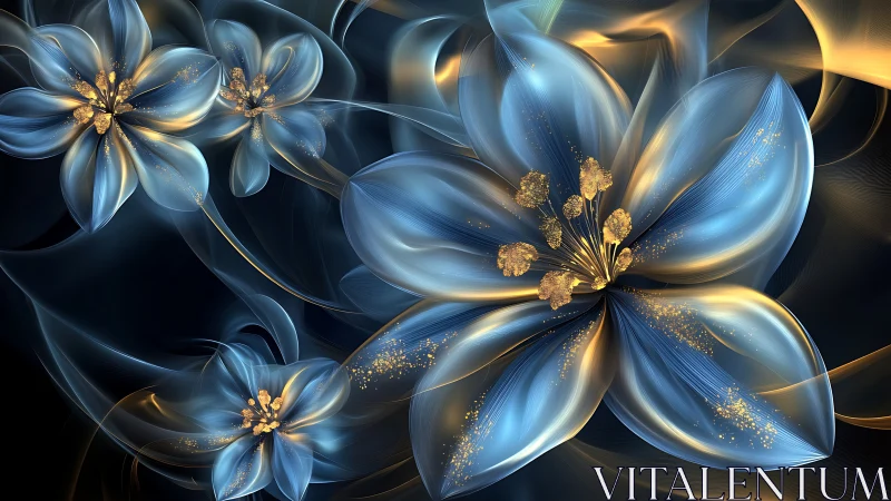 Iridescent blue fractal blossoms unfold in luminous golden light