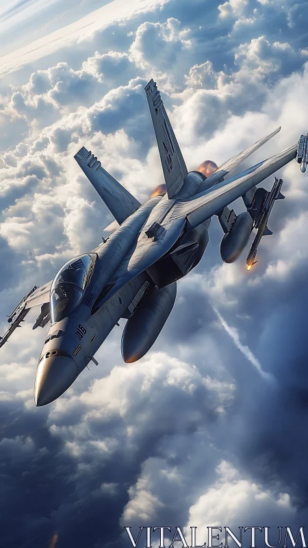 Fighter jet slices through sunlit storm clouds at altitude