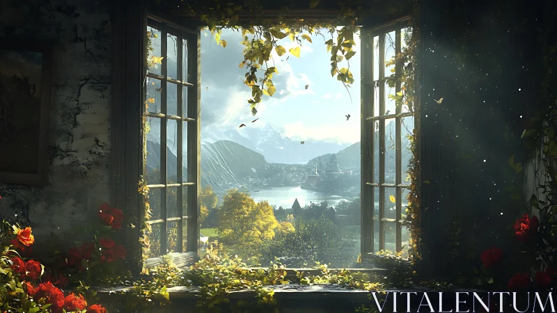 Window of ivy and roses quietly unveils a painted valley