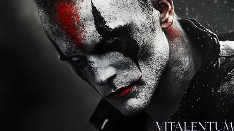Intense male portrait with sinister clown face paint.