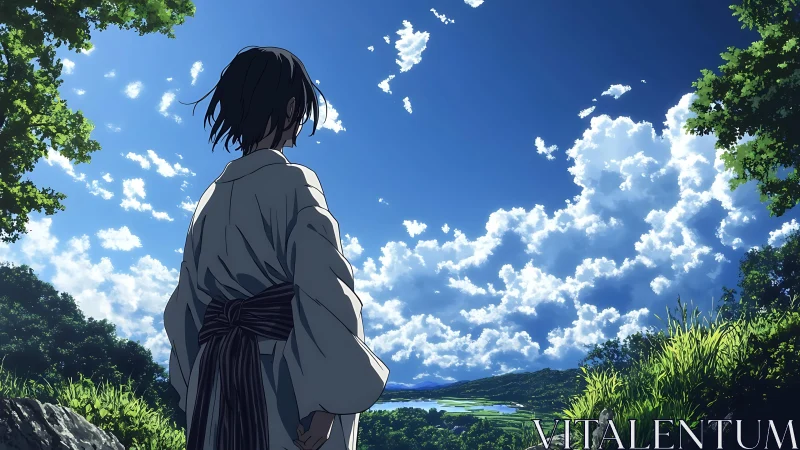 Sky-wrapped wanderer pausing above a sunlit valley hush.