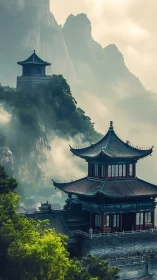 Misty mountain pagodas overlook lush forested valley.