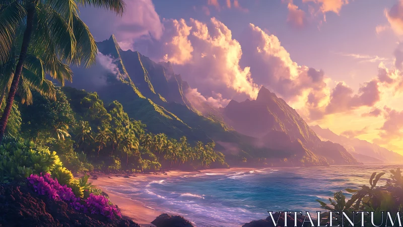 Tropical Paradise Sunset Over Volcanic Mountains and Turquoise Waters