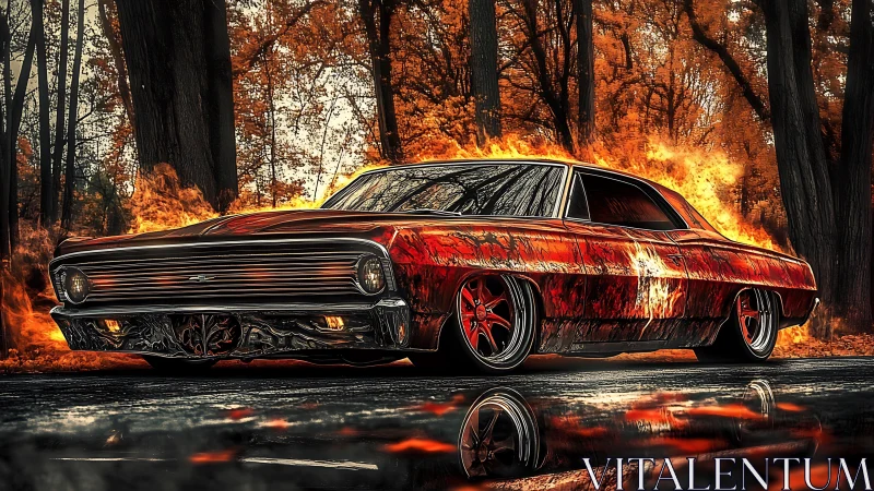 Flaming custom muscle car on wet forest road at dusk.