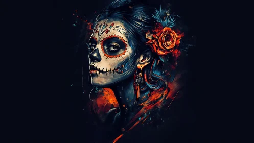 Midnight Catrina ignites with blazing florals and shadowed fire.