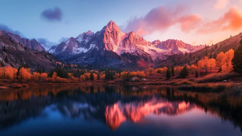 Sunlit crimson peaks mirrored in a calm alpine dreamlake.