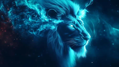 Starlit Neon Lion Composed of Cosmic Electric Flame.
