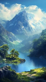 Snowcapped mountain above vivid alpine lake valley panorama.