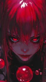 Crimson gaze and floating orbs in a shadowed dreamscape.