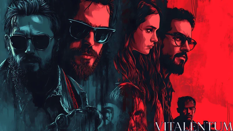 Stylized portrait lineup of serious figures in red and teal.