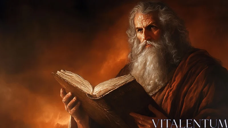 Elderly bearded man studies worn book under warm lighting