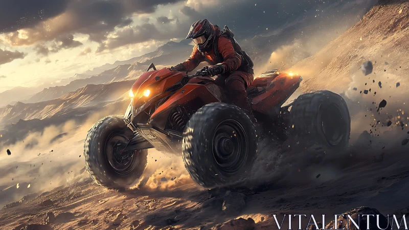 Duststorm rider rockets across blazing mountain ridges.