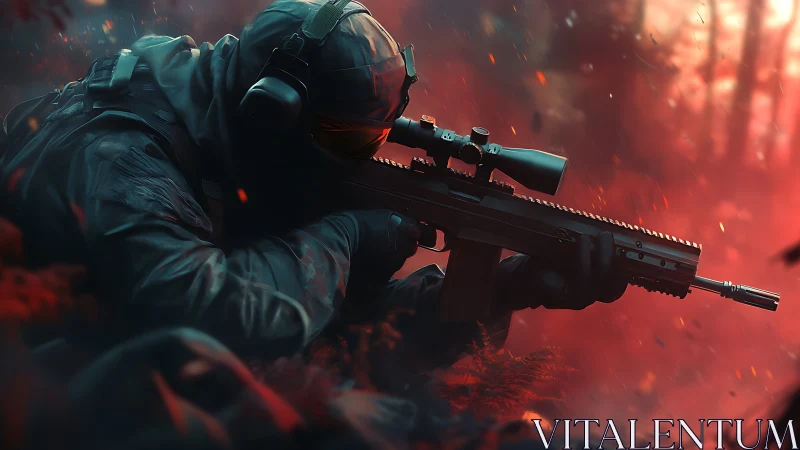 Stealth sniper waits in a burning red forest battlefield