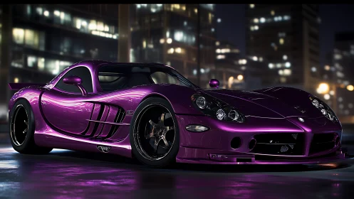 Chromed purple supercar under neon city night lights.