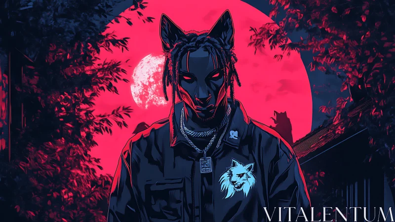 Lupine-masked figure under saturated crimson lunar backlight.