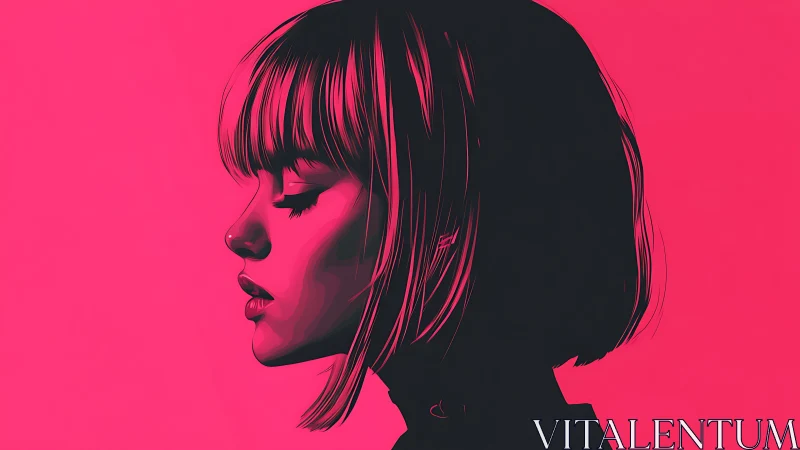 Neon pink profile portrait exudes calm, introspective mood.
