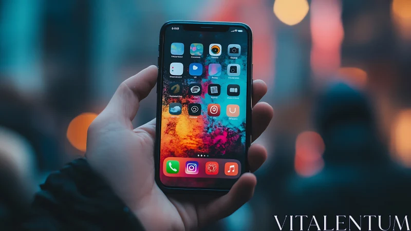 Smartphone close-up with vibrant bokeh street backdrop.