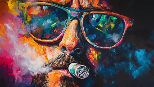 Bearded man with sunglasses smokes against vivid abstract colors