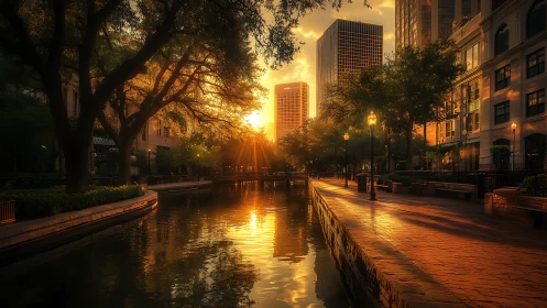 Golden hour canal through urban park with sunlit skyline.