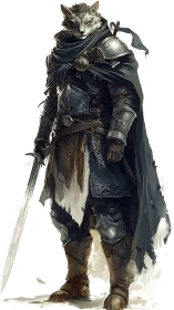 Armored feline warrior stands in full gear holding sword