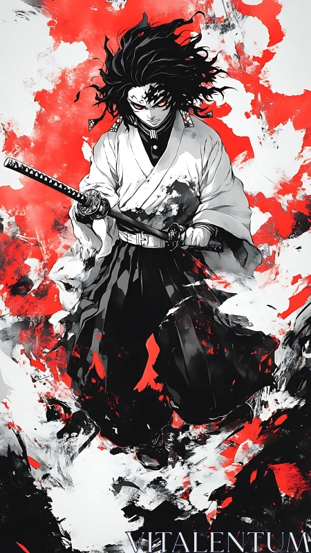 Samurai swordsman in black and white amid red chaos